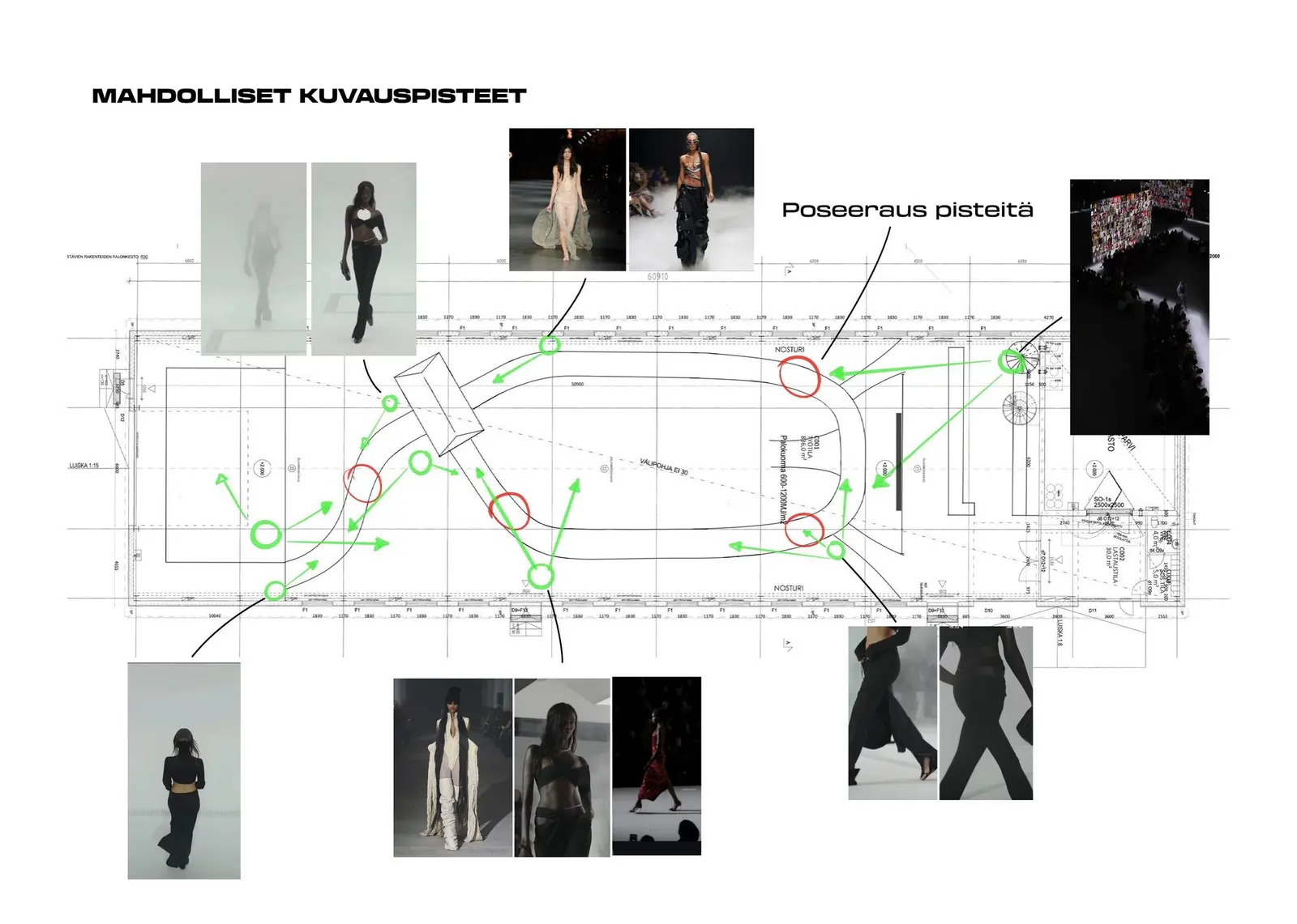Fashcene Forsaken 2025: event production, Turku: Photographer positions, mapped against the runway