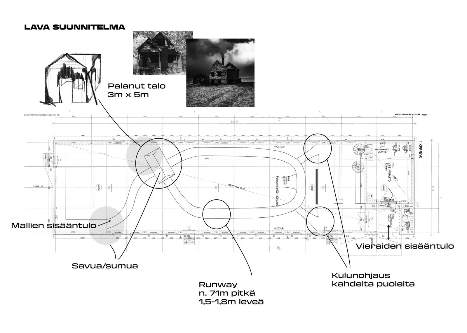 Fashcene Forsaken 2025: event production, Turku: Stage plan: a 71 m runway with the burned house centre-left